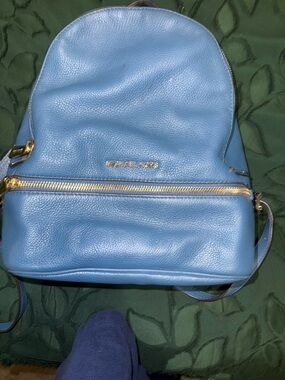 Michael Kors Sky Blue Pebbled Leather Backpack with Gold Hardware